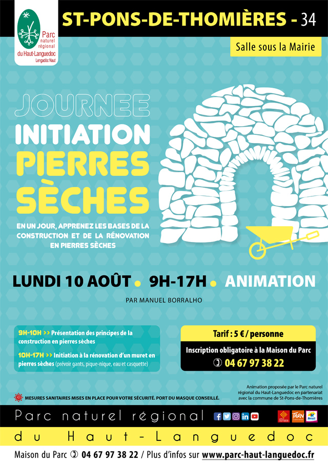 Affiche Journée Initiation pierres sèches le 10 août 2020 à Saint Pons de Thomières (34)