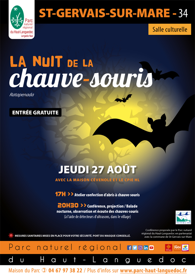 Affiche de La 24ème nuit internationale de la chauve-souris le 27 août à Saint Gervais sur Mare (Hérault)