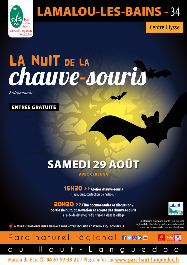 Affiche de La 24ème nuit internationale de la chauve-souris le 29 août à Lamalou les Bains (Hérault)
