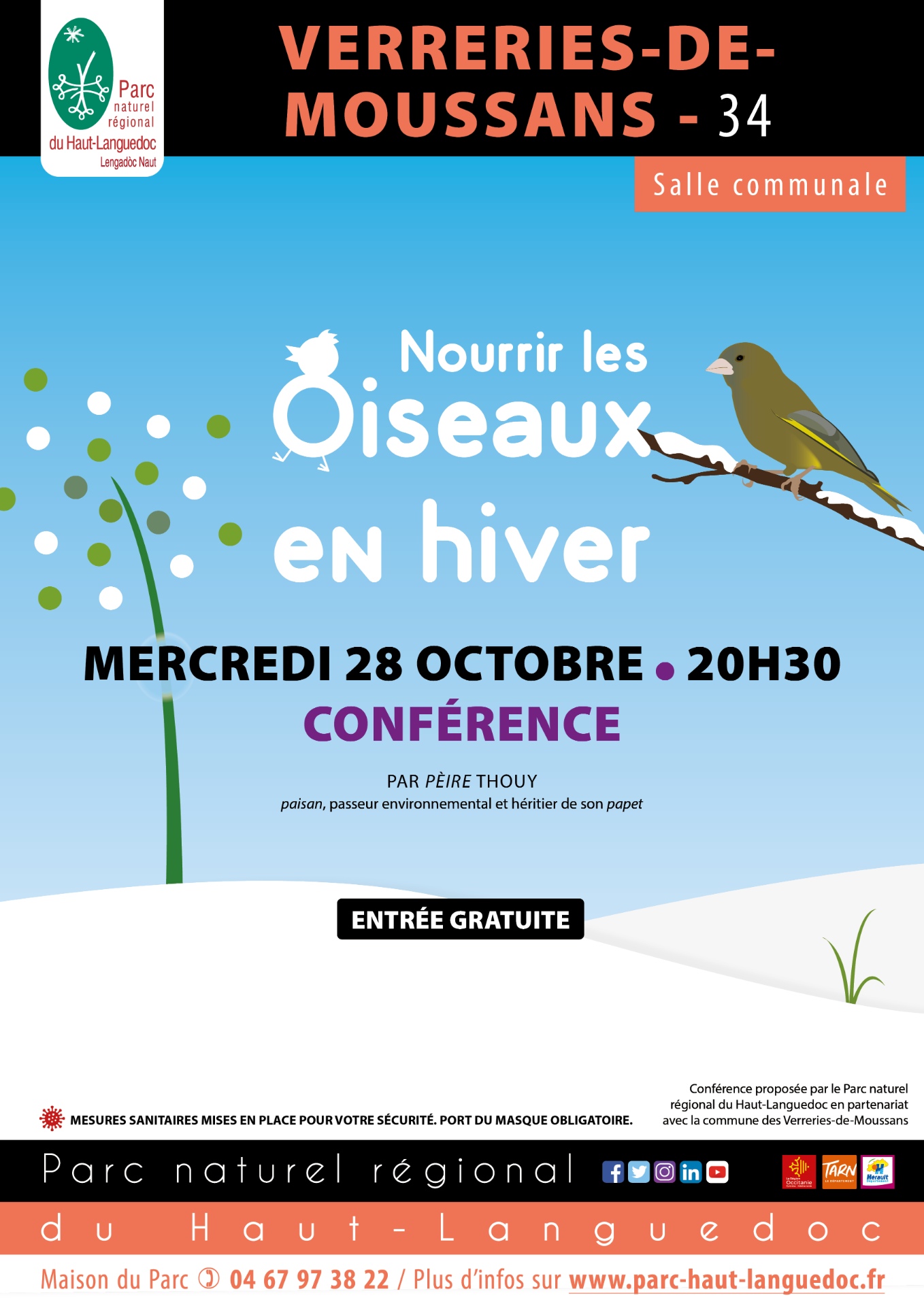 Affiche de la conférence "Nourrir les oiseaux en hiver" du Parc naturel régional du Haut-Languedoc