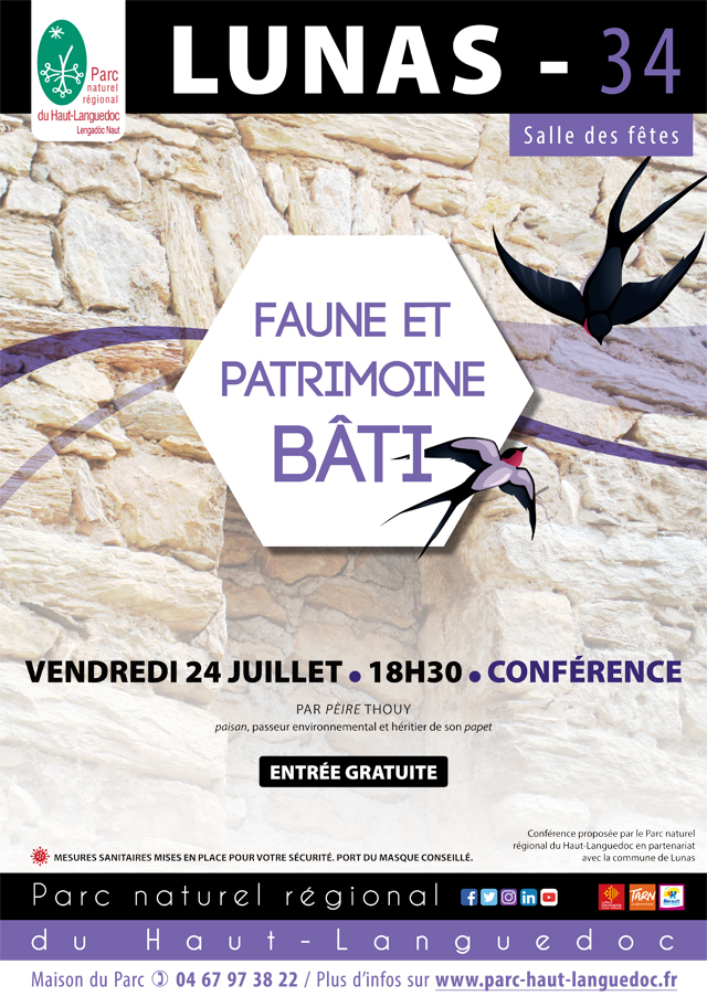 Affiche Conférence "Faune et Patrimoine bâti" du Parc naturel régional du Haut-Languedoc