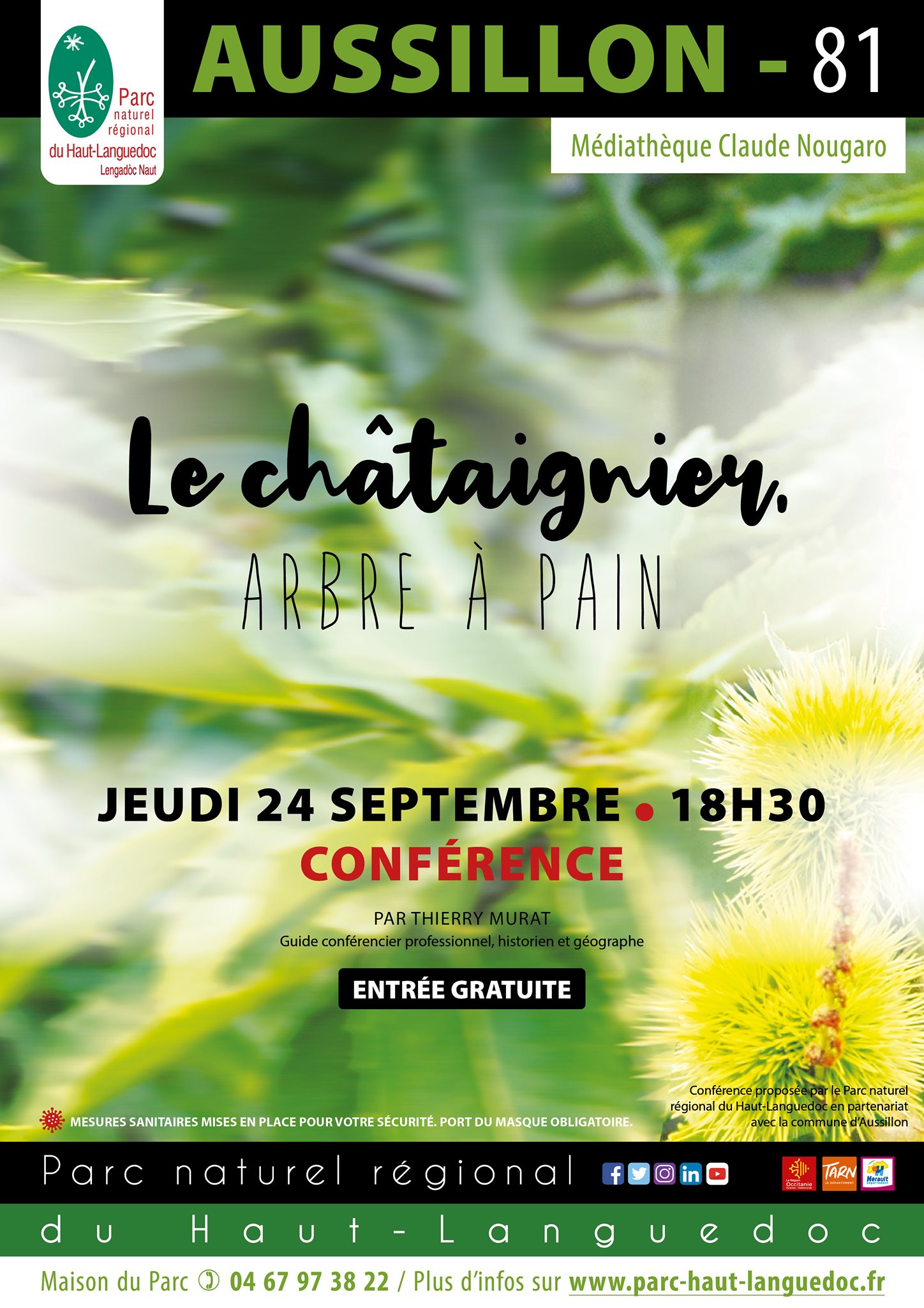 Affiche Conférence "Le châtaigner, arbre à pain" organisée par le Parc naturel régional du Haut-Languedoc
