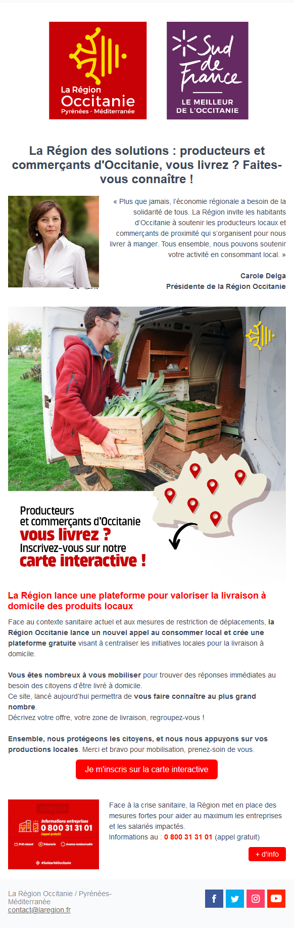 Message dinformation de La Région Occitanie sur la livraison de produits locaux à domicile