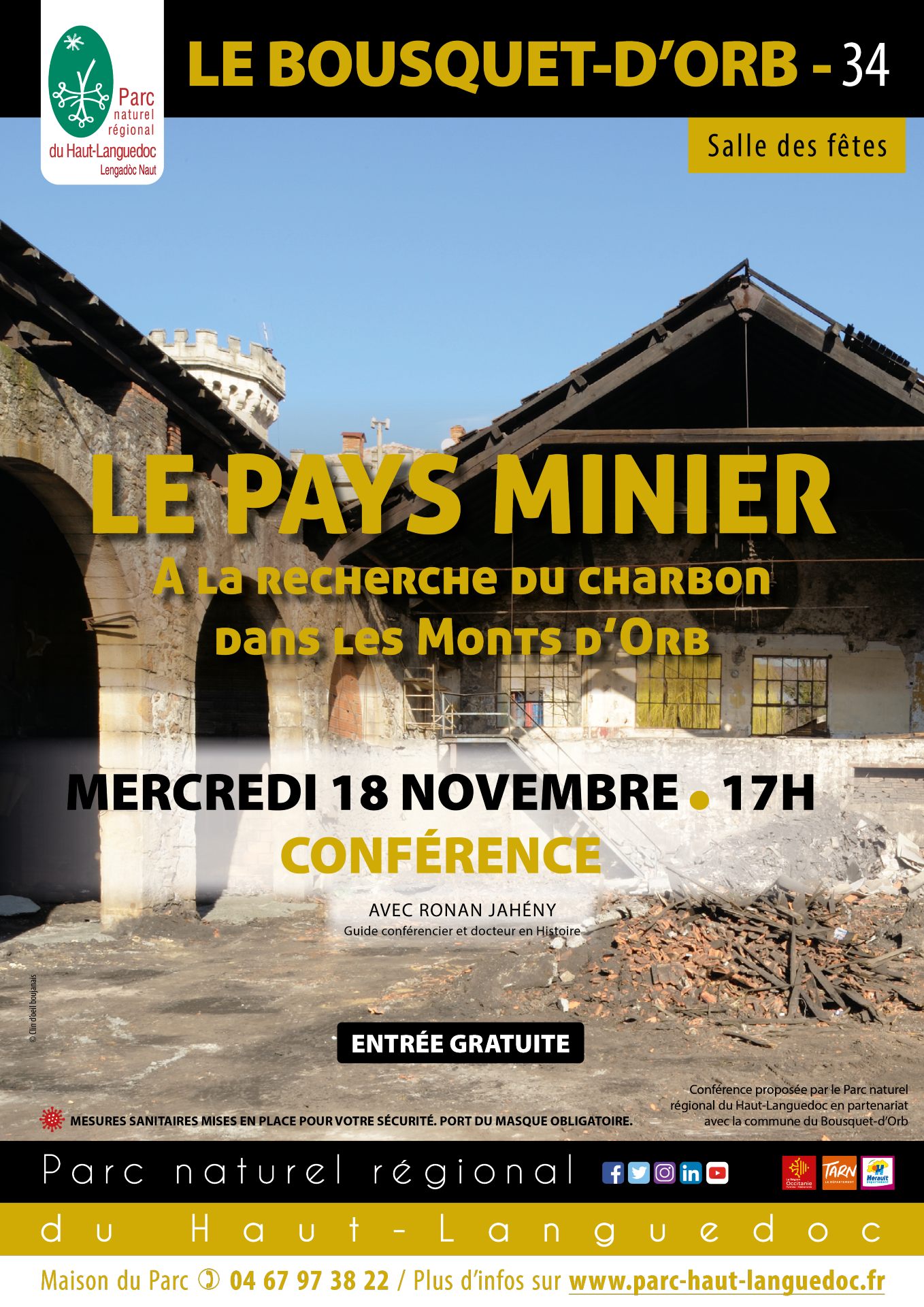 Affiche Conférence "pays minier du Haut-Languedoc – à la recherche du charbon dans les Monts d’Orb" organisée par le Parc naturel régional du Haut-Languedoc
