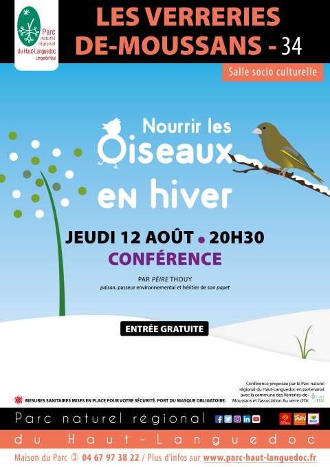Affiche de la conférence "Nourrir les oiseaux en hiver" du Parc naturel régional du Haut-Languedoc