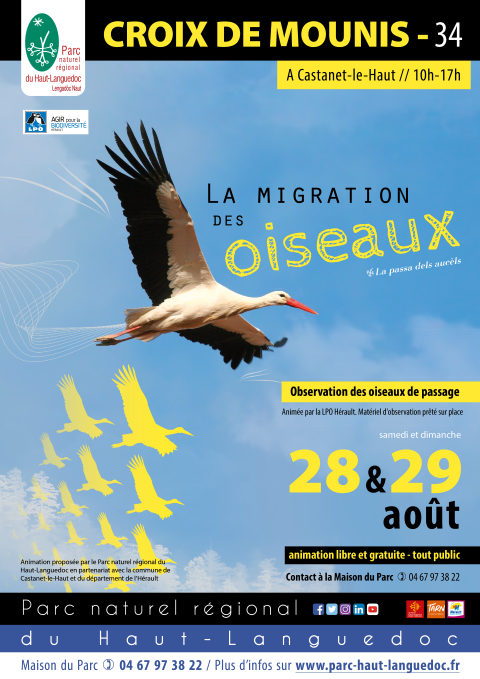 Affiche de "L'Observation de la migration des oiseaux" les 29 et 30 août 2020 à La Croix de Mounis, Castanet-le-Haut (Hérault)